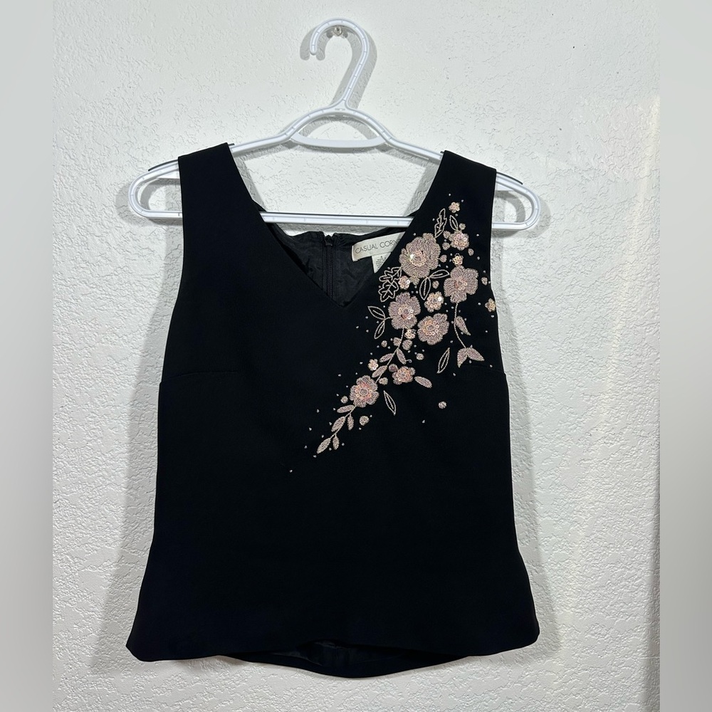 Vintage Black Casual Corner‎ Embroidered Floral Top